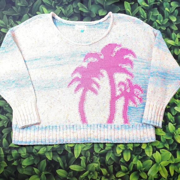 Anthropologie White Pastel Fleck Sweater with Hot Pink Palm Trees size 1X - Picture 7 of 12